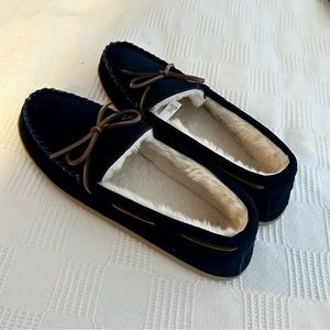 J. Crew Men’s Suede Slippers size 12 - Navy Blue Faux Shearling Moccasin New NWT